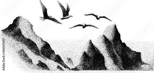 Stippling art of coastal cliffs with birds in flight