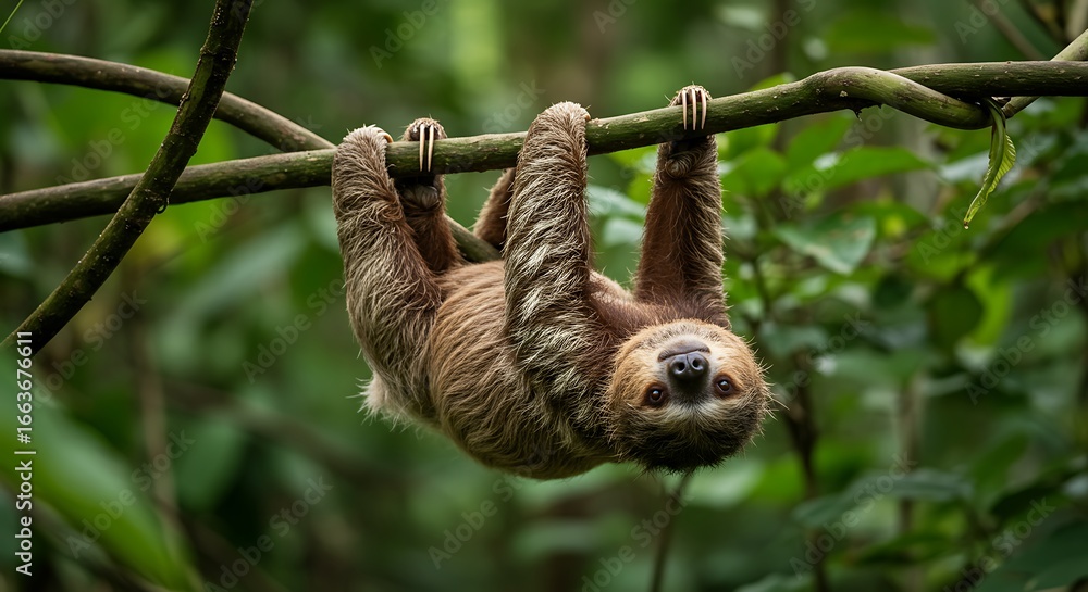 Fototapeta premium Adorable ThreeToed Sloth Hanging Upside Down on a Branch in Lush Green Rainforest.
