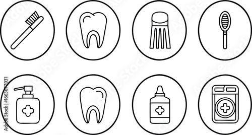 Set of dental health icons featuring a toothbrush, tooth, chair, comb, soap dispenser, tooth, bottle, and washing machine in a clean, minimalist style, perfect for healthcare or wellness themes