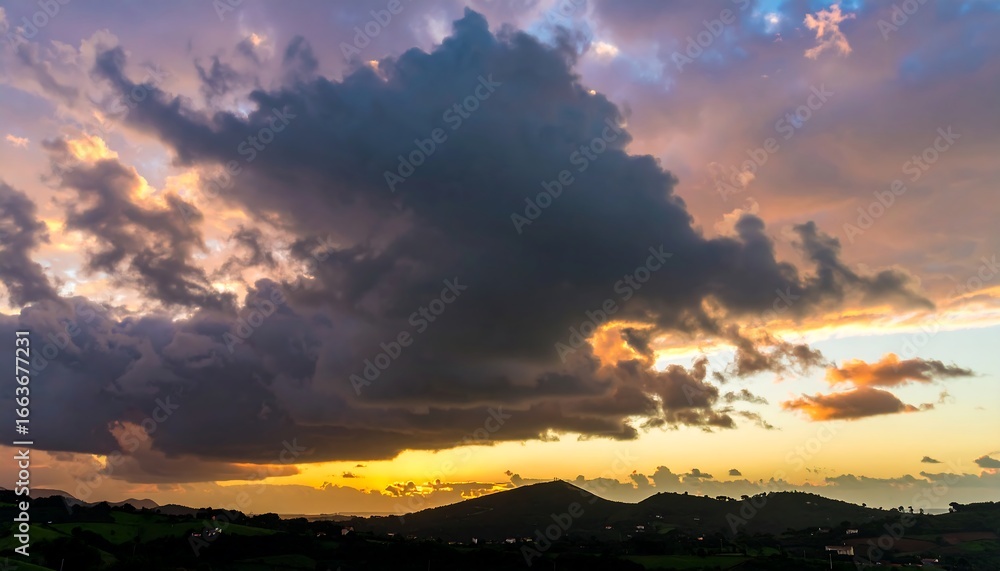 Obraz premium Dramatic sunset sky with vast, dark clouds over a tranquil landscape of hills.