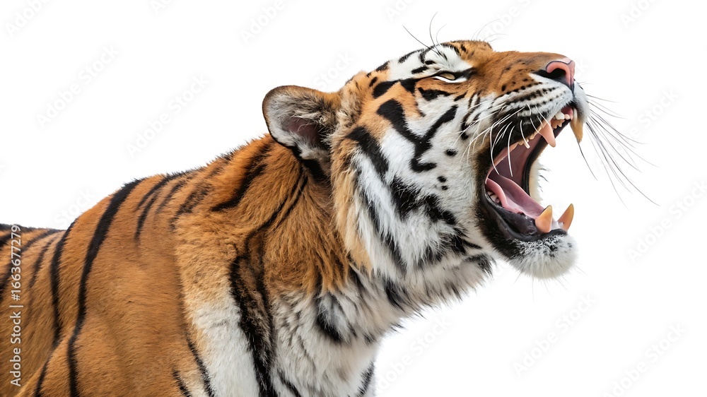 Obraz premium A tiger roaring with its mouth wide open on white