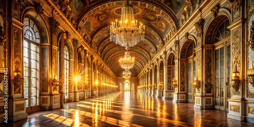 Opulent palace hall with golden chandeliers, ornate architecture, and sunlight streaming through windows, evoking a sense of luxury, history, and grandeur