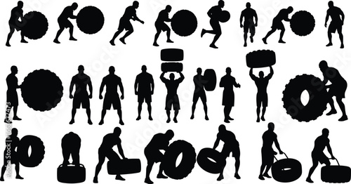 Silhouettes of Strongman Athlete Training with Heavy Tires, Functional Fitness Workout, Strength and Conditioning Exercise Vector Set