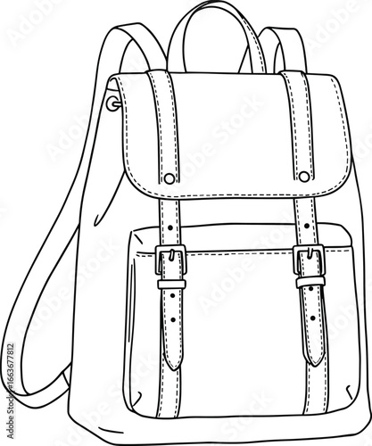 CAD drawing flat vector illustration, backpack design, ergonomic straps, front pocket, flap closure, travel gear, school accessory, black outline, stylish layout, editable sketch