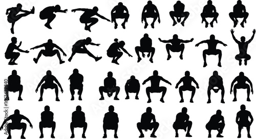 Squat exercise silhouette, fitness training poses, gym workout vector, strength routine graphic, athletic sports icon, bodybuilding design, leg workout illustration, functional movement art