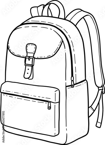 CAD drawing flat vector illustration, backpack design, ergonomic straps, zipper pocket, flap closure, school accessory, travel gear, front view, black outline, editable artwork