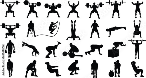 Strength Training Workout Silhouettes – Olympic Lifts, Kettlebell Exercises, Bodyweight Moves, Pushups, Box Jumps, Powerlifting Vector