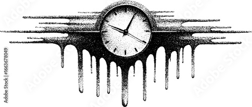 Surreal melting clock stipple art for timeless design concepts