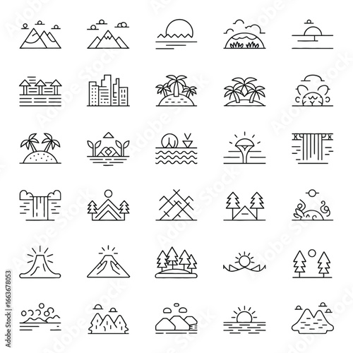Collection of diverse landscape icons representing nature cityscapes and geological formations