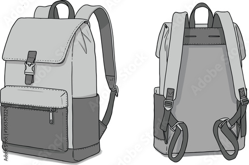 CAD drawing flat vector illustration, backpack design, front and back view, ergonomic straps, flap buckle, school gear, travel accessory, black outline, editable artwork