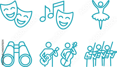Blue Line Art Icons of Theater Masks, Ballet Dancer, Musicians, and Binoculars