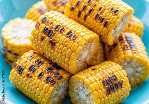 Grilled corn on the cob stacked on a blue plate close up view