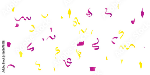 A festive and celebratory abstract background with a multitude of scattered confetti and streamers in yellow and pink, creating a playful, dynamic pattern on a clean white background.