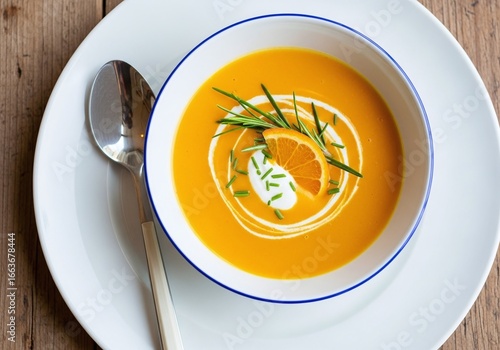 Orange carrot soup with cream and citrus on a white plate top view
