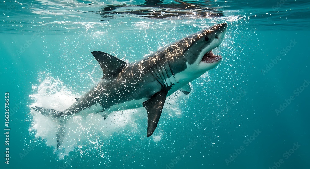 Fototapeta premium Fierce Great White Shark bursts through sunlit turquoise water with open jaws.