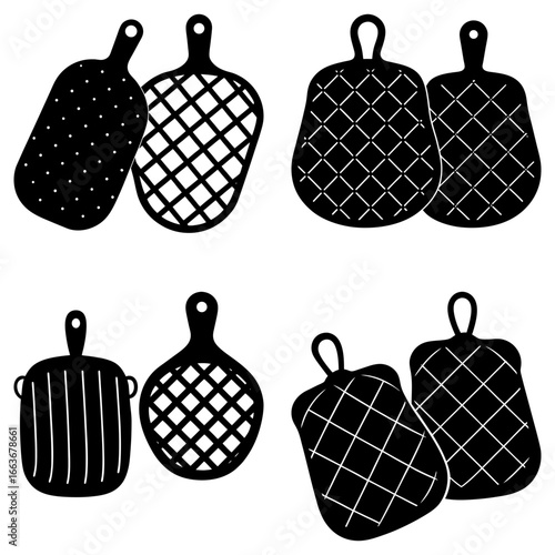Illustration of various cutting boards and kitchen potholders with different patterns in black and white style