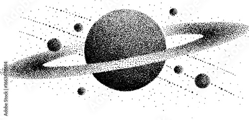 Stippling dotwork illustration of planetary orbit map with rings and moons