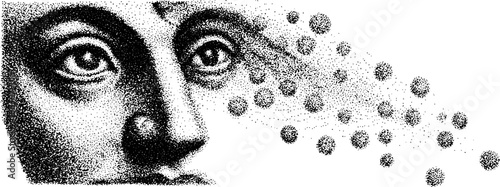Psychedelic stipple face design with dotwork and halftone effects for posters or tattoos