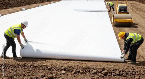 Construction workers laying white geotextile fabric on a dirt ground for site preparation, with a road roller in the background