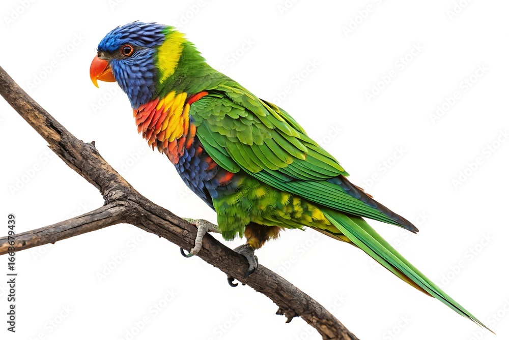 Fototapeta premium A lorikeet perched on a branch against white sky