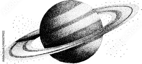 Vintage dotwork illustration of ringed planet with stipple effect for design