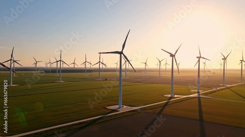 Aerial Sunrise Over Wind Farm Turbines