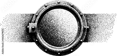 Stippling dotwork illustration of a spacecraft port for retro design