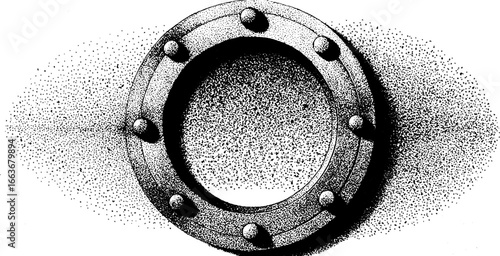 Stippling dotwork illustration of spacecraft port with vintage halftone effect