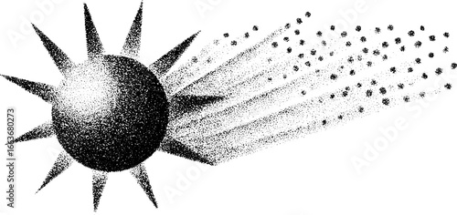 Stipple dotwork depiction of radiant sunburst with spray splatter for artistic design