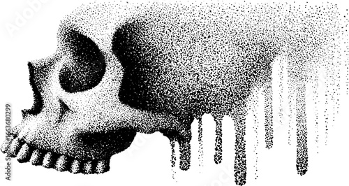 Stipple dotwork skull with dripping spray effect for art and tattoos