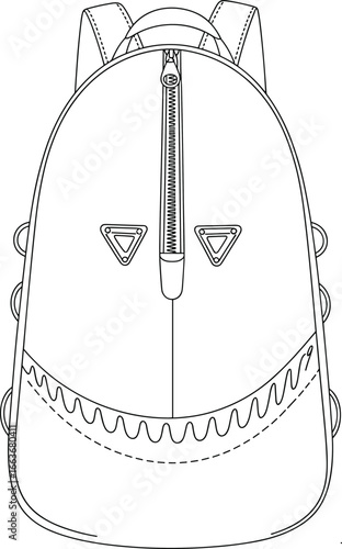 CAD drawing flat vector illustration, backpack sketch, triangular flap design, ergonomic straps, school accessory, travel gear, front pocket, stylish layout, black outline, editable artwork