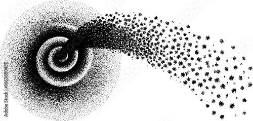 Stippling dotwork illustration of star cluster with galactic swirls and cosmic patterns