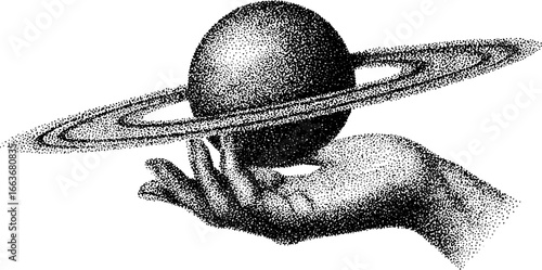 Surreal hand holding planet with rings in stippling art for tattoo or design