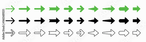 Minimal arrow colorful silhouette and outline vector icon set showing right direction, pointer, and navigation symbol