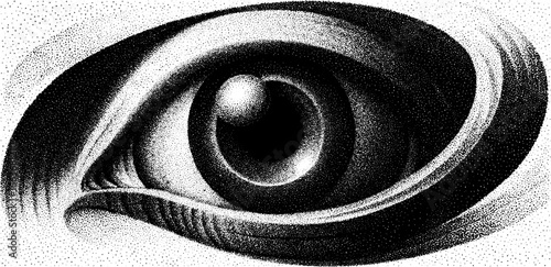Surreal stippling dotwork illustration of an eye with intricate detail