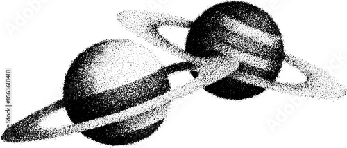 Stippling dotwork art of twin planets with rings in space