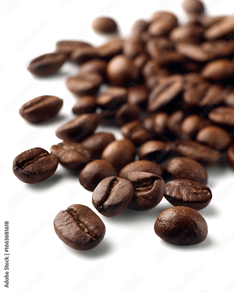 Naklejka premium Rich Roasted Coffee Beans Scattered on White Background Isolated Close Up