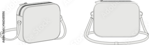 CAD drawing flat vector illustration, crossbody bag design, adjustable strap, zipper closure, fashion accessory, front view, minimalist style, stylish silhouette, black outline, editable sketch
