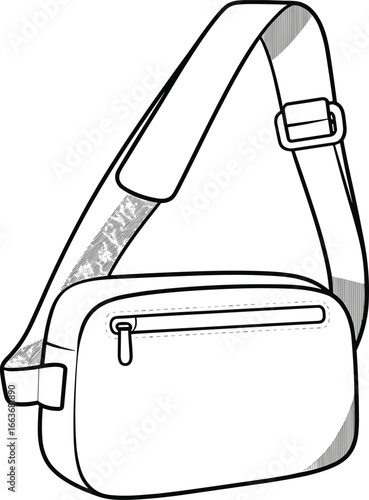 CAD drawing flat vector illustration, crossbody backpack design, flap closure, zipper pocket, adjustable strap, travel gear, fashion accessory, front and side view, black outline, editable sketch