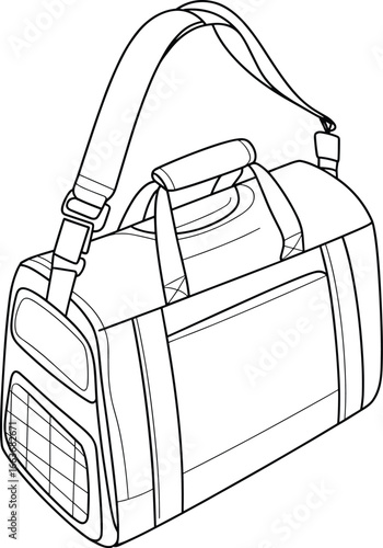 CAD drawing flat vector illustration, duffel bag design, shoulder strap, zipper pockets, travel gear, gym bag, fashion accessory, side view, black outline, editable artwork
