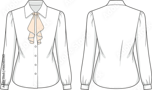 CAD drawing flat vector illustration, elegant blouse design, ruffle tie neckline, button front, long sleeves, fashion sketch, garment template