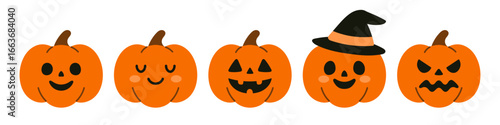 Vector set of halloween orange pumpkins. Fresh autumn vegetables in flat design. Cute pumpkins with cute faces for decoration, stickers, cards. Collection of happy halloween pumpkins.