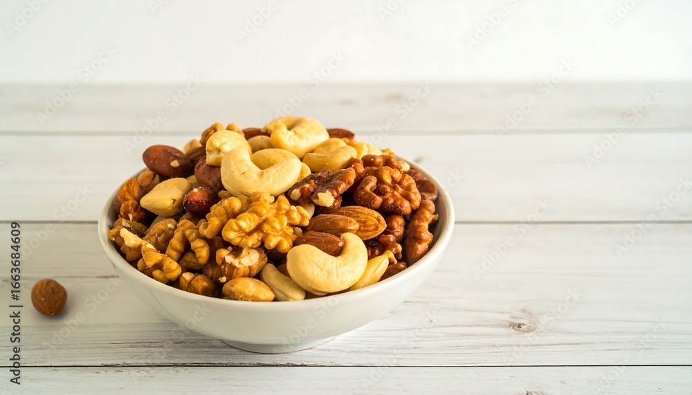 Fototapeta premium A white bowl brimming with a diverse mix of nuts, including almonds, cashews, walnuts, and pecans, sits on a light wooden surface.