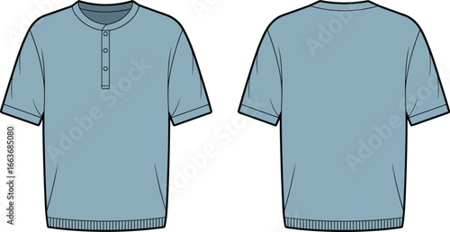 Cad drawing flat vector illustration, henley t-shirt front and back, short sleeve shirt design, fashion apparel template, technical sketch