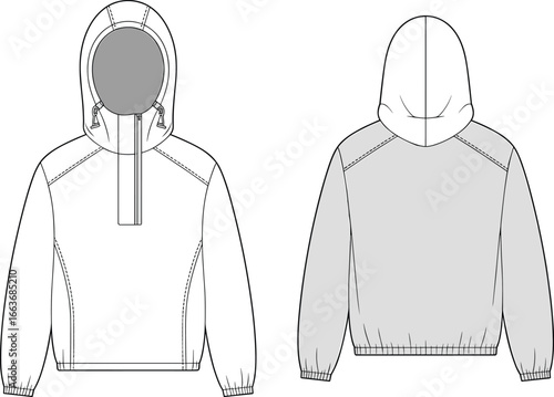 Cad drawing flat vector illustration, hooded jacket design front back view, technical fashion sketch, outerwear garment blueprint, casual wear layout, 
