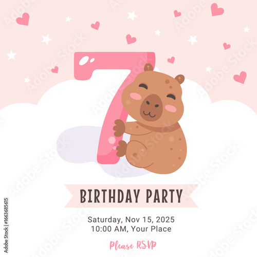 Birthday invitation design with capybara and number 7 on pink sky