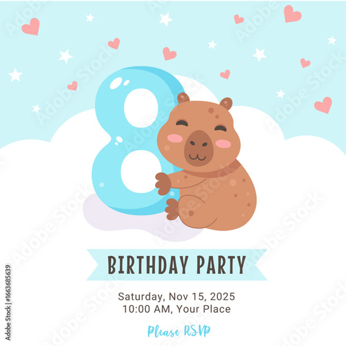 Birthday invitation design with capybara and number 8 on blue sky