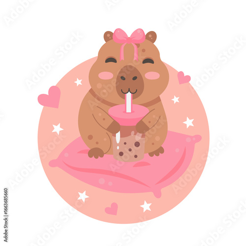 Capybara design with bubble tea and hearts on pink pillow