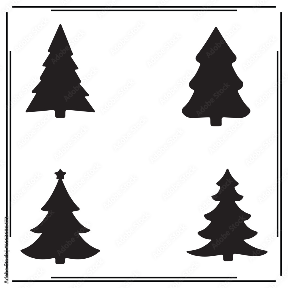 Fototapeta premium Set of Christmas Tree Silhouettes, Pine Trees with Star and Simple Tree Shapes, Black Icons on White Background, Holiday and Christmas Symbols