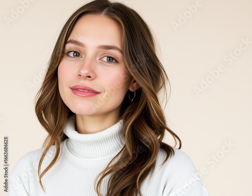 Wallpaper Mural Portrait of a young woman with wavy brown hair wearing a white turtleneck sweater smiling softly Torontodigital.ca